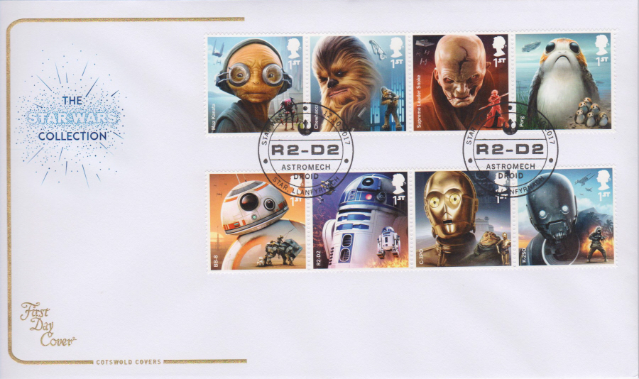 2017 - First Day Cover "Star Wars", Cotswold, R2 D2 Star Llanfyrnach Postmark